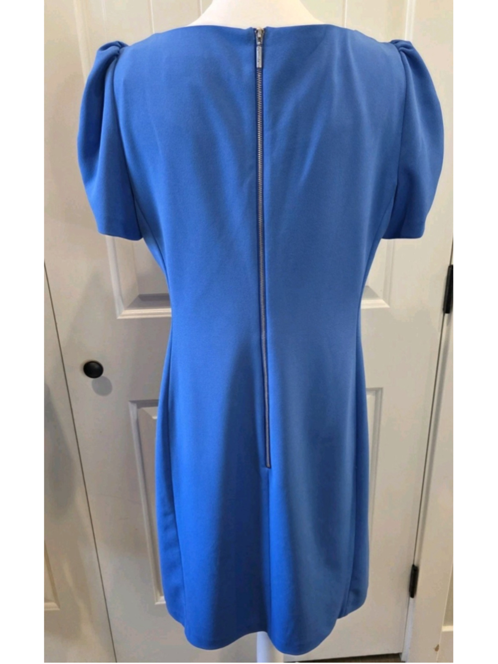 Karl Lagerfeld Womens Short Ruched Sleeve Jewel Blue Neck Sheath Dress Size 12 - Picture 5 of 12